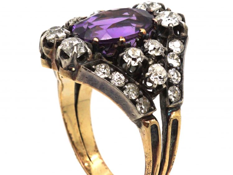 French Early 19th Century Large Amethyst & Old Cut Diamond Cluster Ring