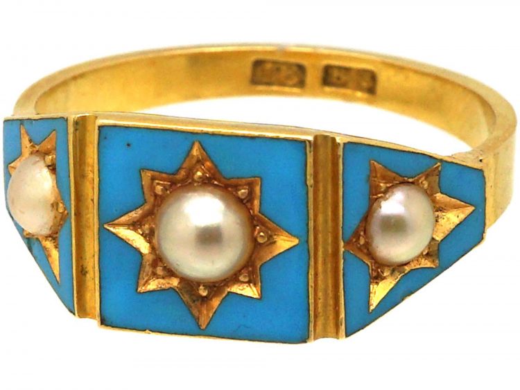 Victorian 18ct Gold, Turquoise Enamel & Natural Split Pearl Ring