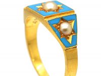 Victorian 18ct Gold, Turquoise Enamel & Natural Split Pearl Ring