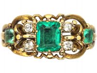 Georgian 18ct Gold, Three Stone Emerald & Diamond Ring