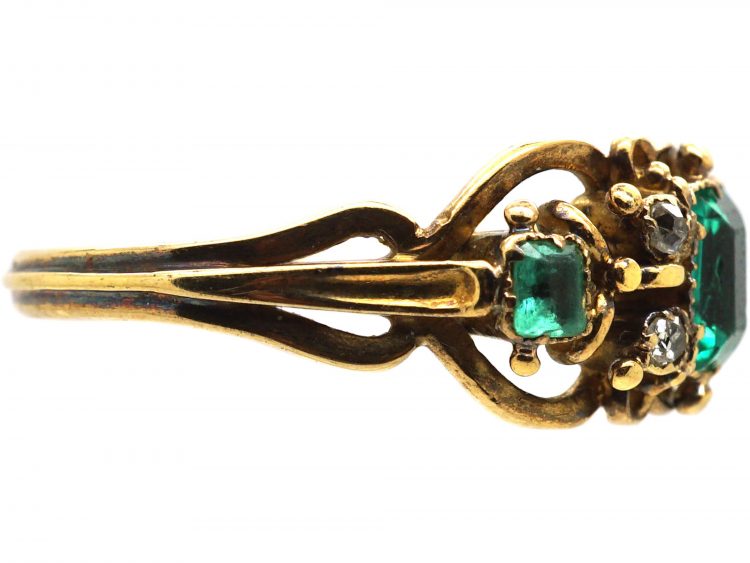 Georgian 18ct Gold, Three Stone Emerald & Diamond Ring