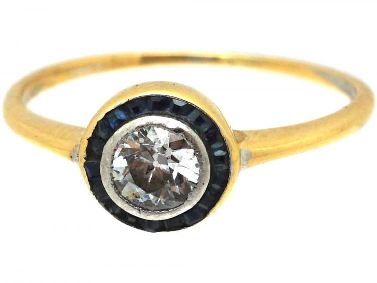 Art Deco 18ct Gold & Platinum, Diamond & Sapphire Small Target Ring
