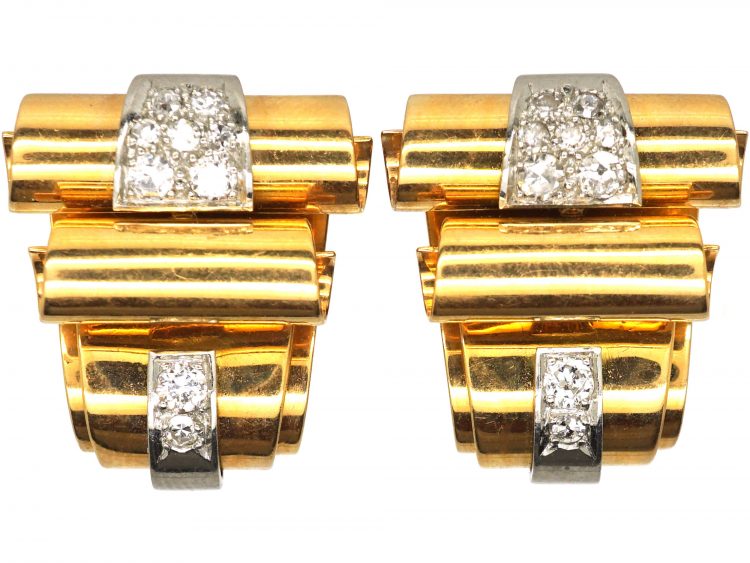 Retro 18ct Gold & Platinum Scroll Design Earrings set with Diamonds