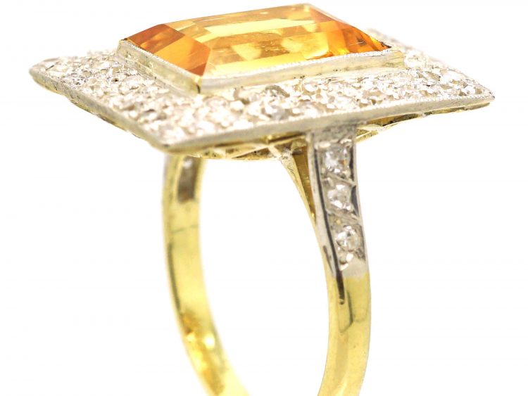 Art Deco 18ct Gold, Topaz & Diamond Rectangular Ring