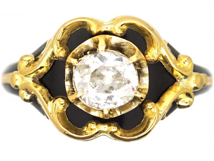 Victorian 18ct Gold, Black Enamel & Diamond Ring