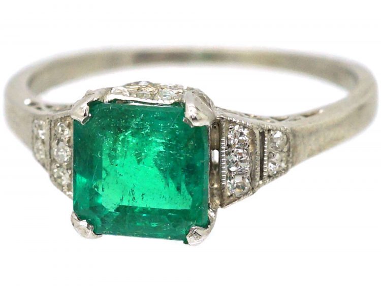 Art Deco Platinum, Square Cut Emerald & Diamond Ring with Rose Diamond Gallery