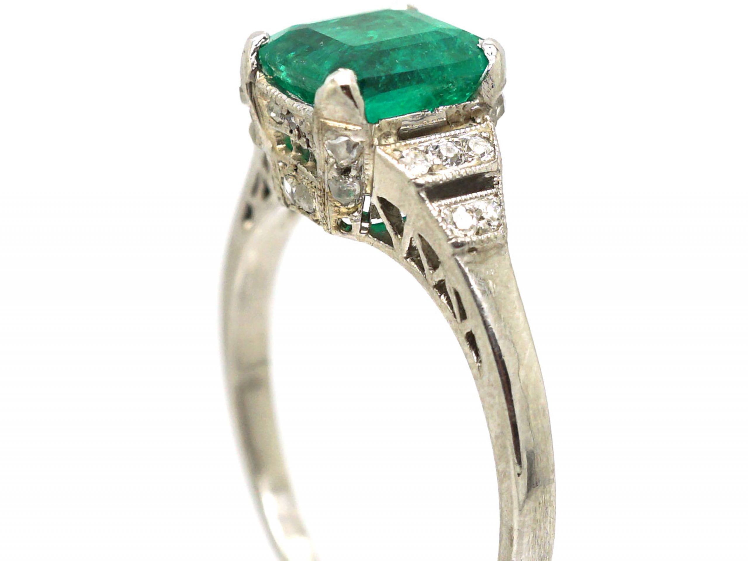 Art Deco Platinum, Square Cut Emerald & Diamond Ring with Rose Diamond ...