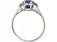 Art Deco Platinum, Unheated Ceylon Sapphire Ring with Baguette Diamond Shoulders