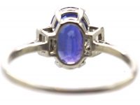 Art Deco Platinum, Unheated Ceylon Sapphire Ring with Baguette Diamond Shoulders