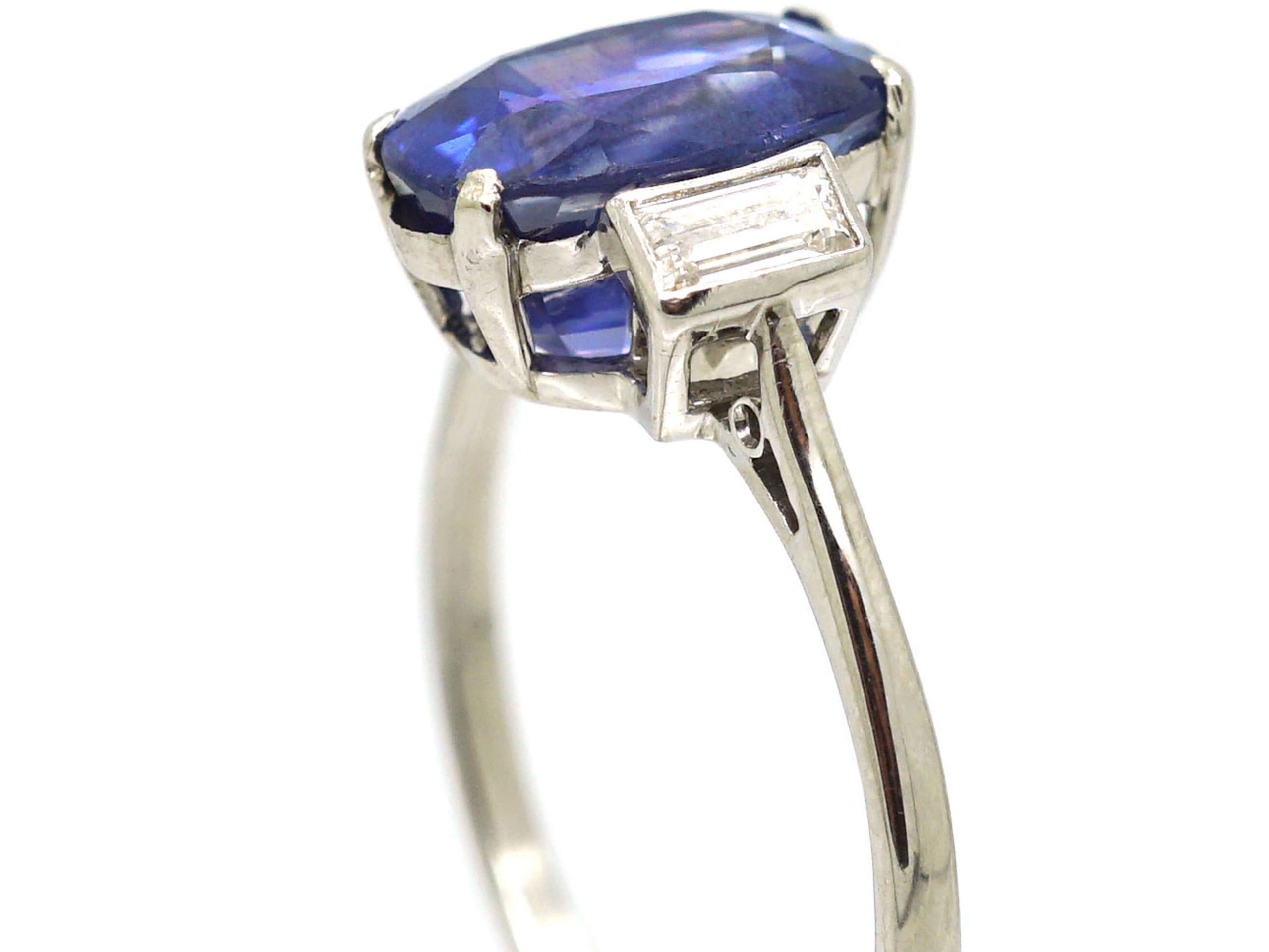 Art Deco Platinum, Unheated Ceylon Sapphire Ring with Baguette Diamond ...