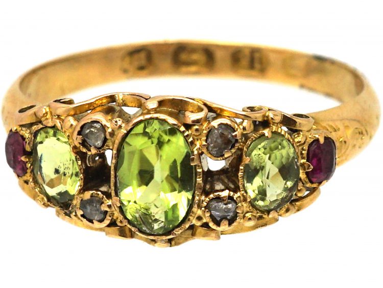 Early Victorian 18ct Gold, Three Stone Peridot, Ruby & Rose Diamond Ring