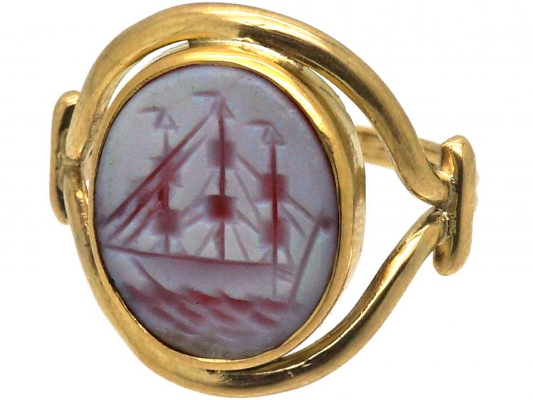 Victorian 18ct Gold & Carnelian Signet Ring with Intaglio of a Sailing Ship