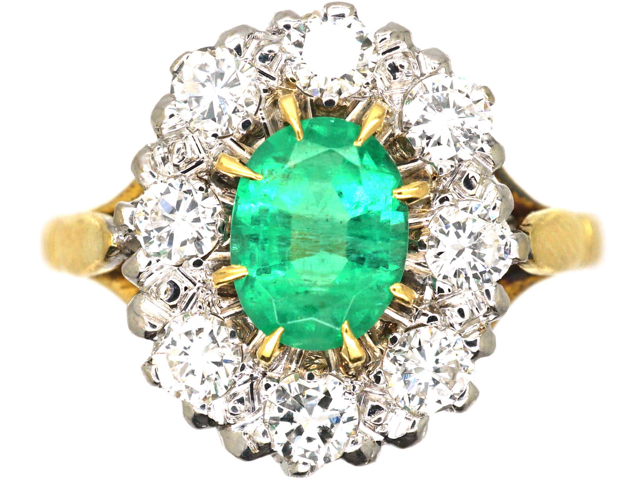 18ct Gold, Emerald & Diamond Oval Cluster Ring (672T) | The Antique ...