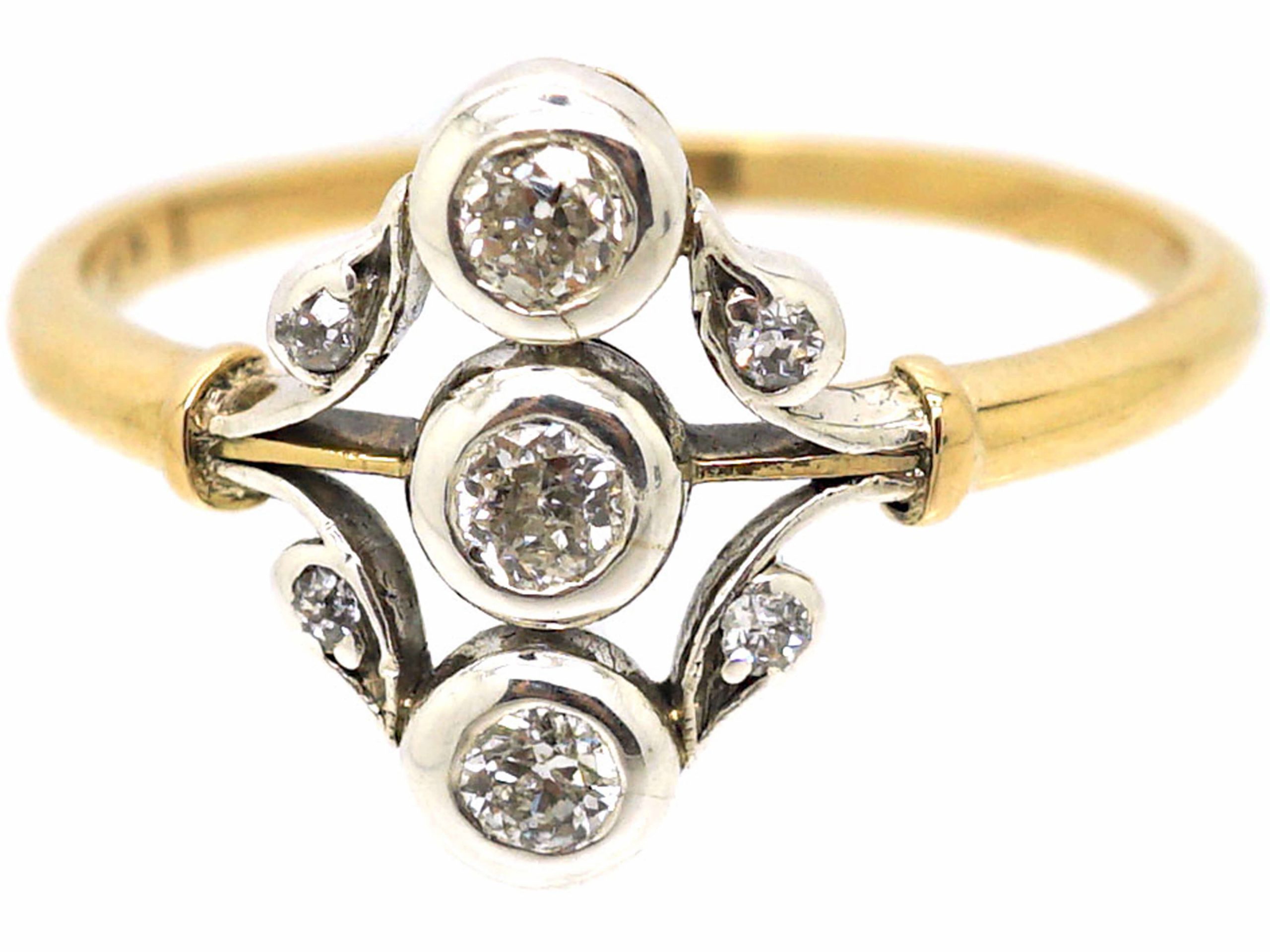 Austrian 14ct Gold & Platinum, Diamond Three Stone Leaf Motif Ring ...