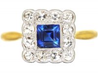 Art Deco Platinum & 18ct Gold, Sapphire & Diamond Square Ring