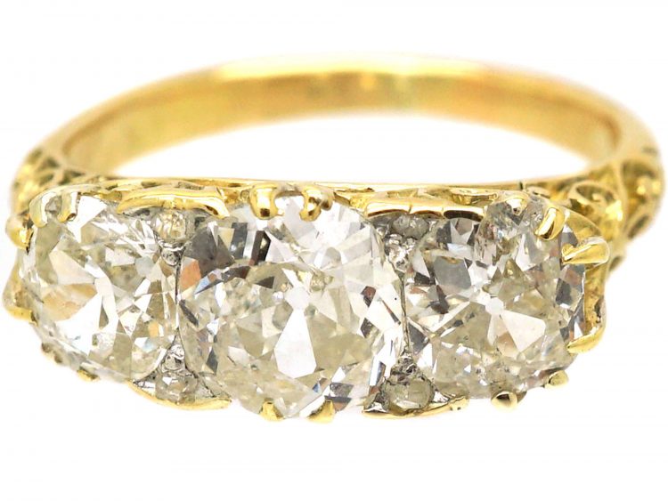 Victorian 18ct Gold Carved Half Hoop Three Stone Diamond Ring