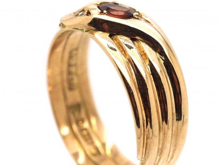 Edwardian 9ct Gold Snake Ring set a Garnet & Rose Diamond Eyes