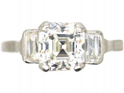 Art Deco Platinum Ring set with an Asscher Cut Diamond with Baguette Diamond Shoulders