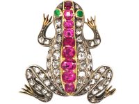 Victorian Silver & Gold Frog Brooch set with Rubies,Emeralds & Rose Diamonds