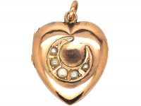 Edwardian 9ct Gold Heart Shaped Locket with Half Moon Motif set with Natural Split Pearls