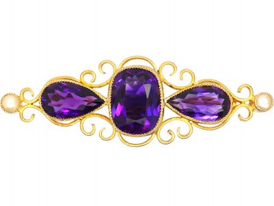 Edwardian 15ct Gold Brooch set with Three Amethysts & Natural Split Pearls