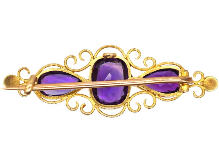Edwardian 15ct Gold Brooch set with Three Amethysts & Natural Split Pearls