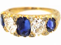 Victorian 18ct Gold Five Stone Unheated Sapphire & Diamond Ring