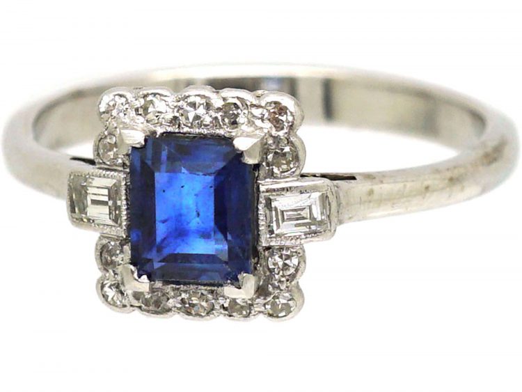 Art Deco 18ct White Gold, Rectangular Cut Sapphire & Diamond Ring