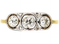 Art Deco 18ct Gold & Platinum, Three Stone Diamond Ring with Rose Diamond Detail