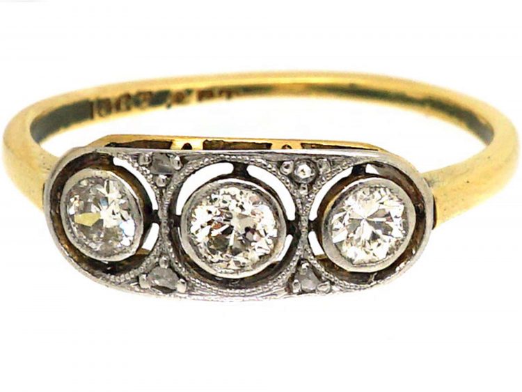 Art Deco 18ct Gold & Platinum, Three Stone Diamond Ring with Rose Diamond Detail