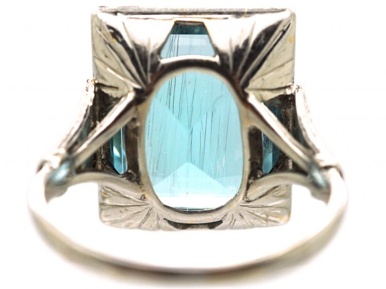Retro 18ct White Gold, Large Aquamarine Ring with Diamond Set Shoulders