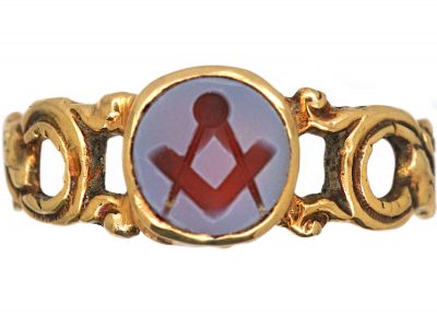 Victorian 15ct Gold Ring with Carnelian Masonic Intaglio & Snake Motif Shoulders