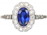 Art Deco 18ct White Gold & Platinum, Sapphire & Diamond Oval Cluster Ring with Diamond Set Shoulders