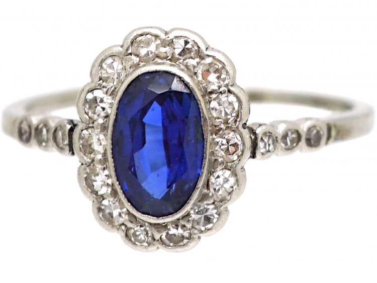 Art Deco 18ct White Gold & Platinum, Sapphire & Diamond Oval Cluster Ring with Diamond Set Shoulders