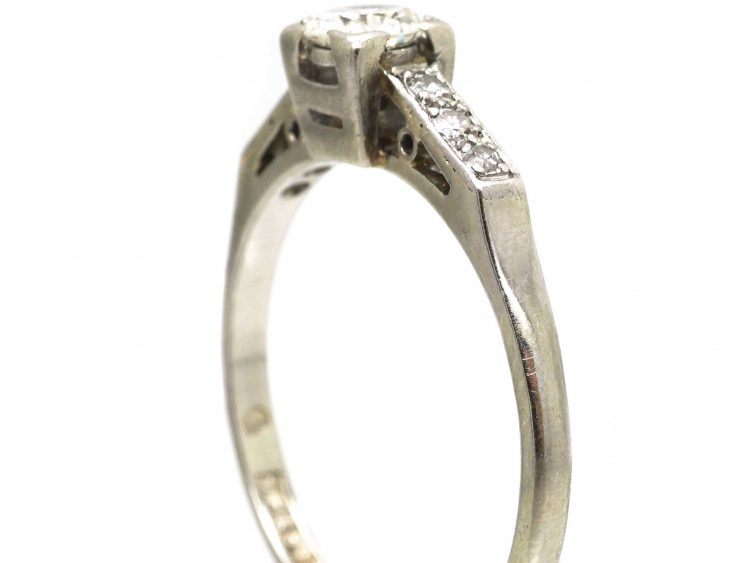 Art Deco 18ct White Gold & Platinum, Diamond Solitaire Ring with Diamond Set Shoulders