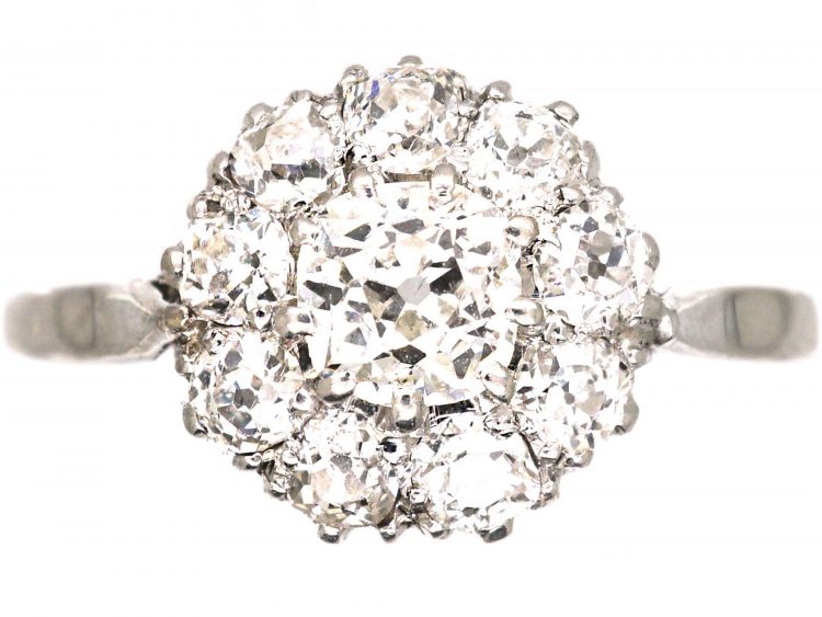 Early 20th Century 18ct White Gold & Platinum, Old Mine Cut Diamond Daisy Cluster Ring