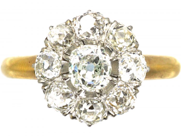 French Early 19th Century 18ct Gold & Platinum Cluster Ring set with Old Mine Cut Diamonds
