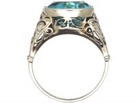 Edwardian Platinum & Diamond Ring set with a Large Blue Zircon