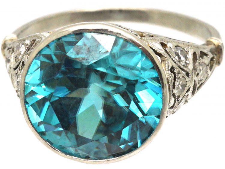Edwardian Platinum & Diamond Ring set with a Large Blue Zircon