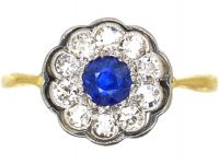 Edwardian 18ct Gold & Platinum, Sapphire & Diamond Cluster Ring