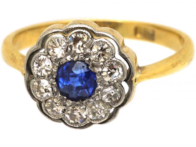 Edwardian 18ct Gold & Platinum, Sapphire & Diamond Cluster Ring