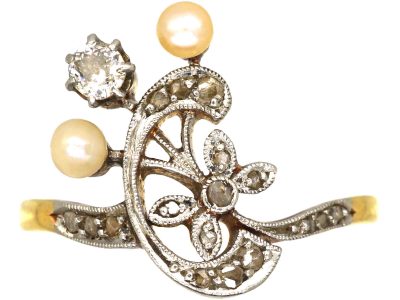 Art Nouveau 18ct Gold & Platinum, Diamond & Natural Pearl Ring