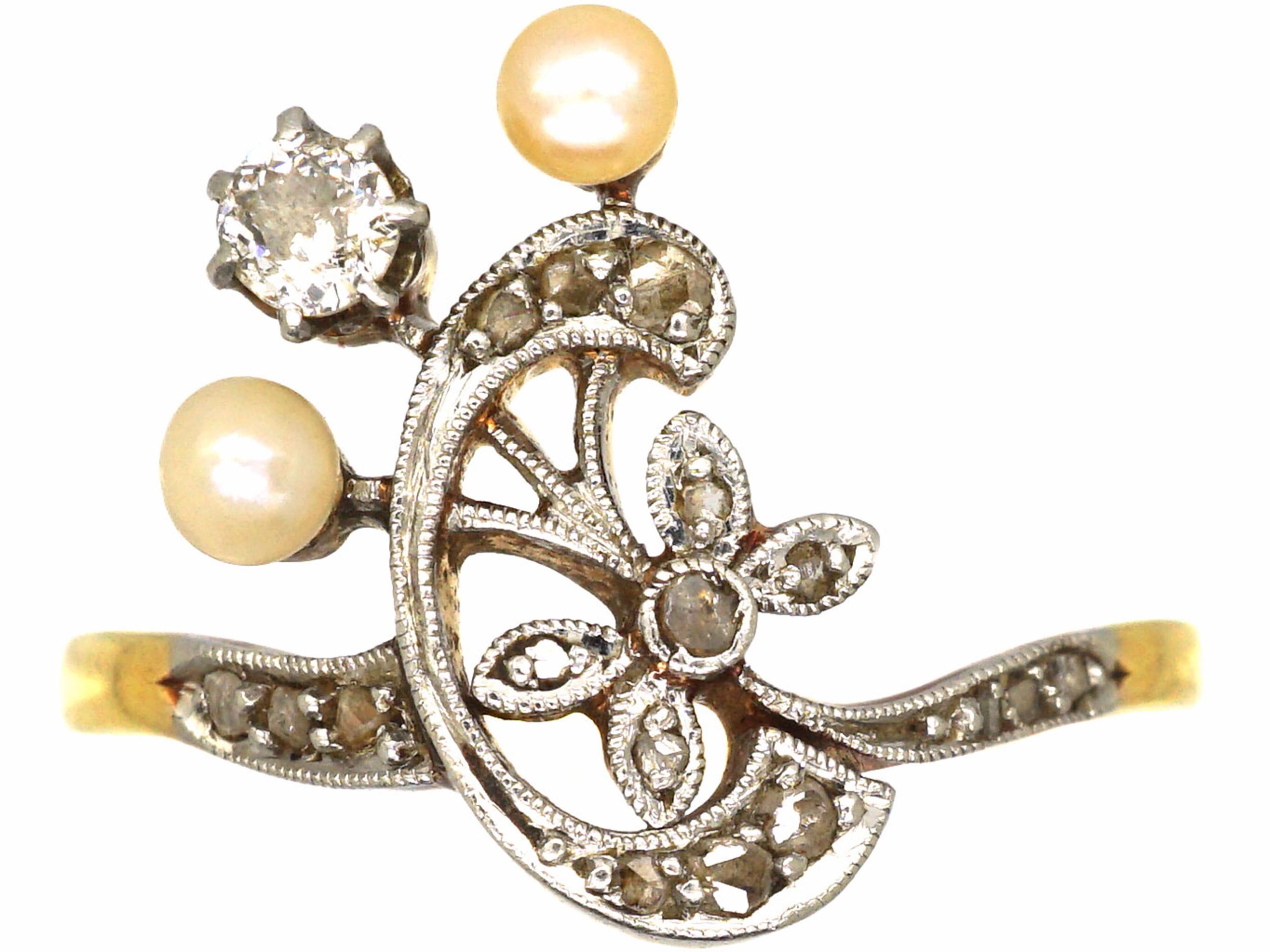 Art Nouveau 18ct Gold & Platinum, Diamond & Natural Pearl Ring (713T ...