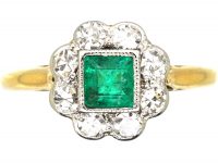 Early 20th Century 18ct Gold & Platinum, Square Cut Emerald & Diamond Ring