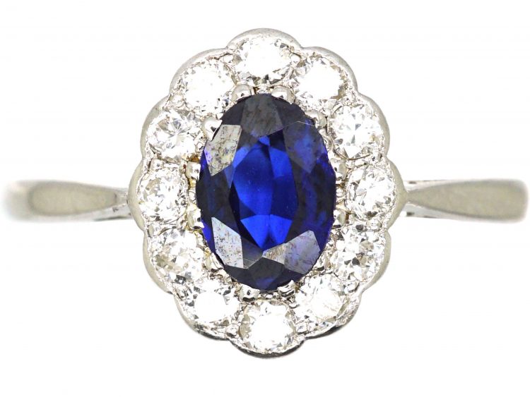 Early 20th Century 18ct White Gold & Platinum, Sapphire & Diamond Oval Cluster Ring