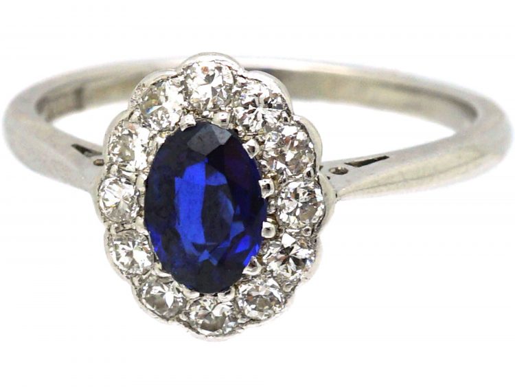 Early 20th Century 18ct White Gold & Platinum, Sapphire & Diamond Oval Cluster Ring