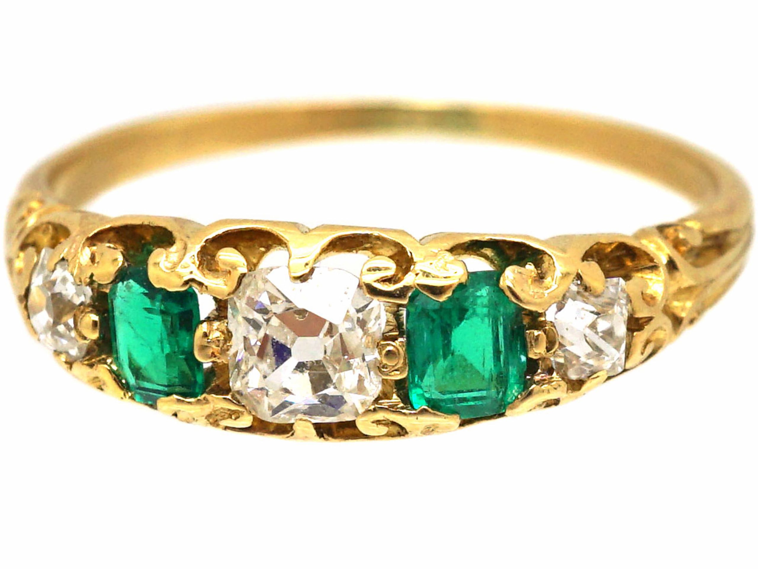 Victorian 18ct Gold, Emerald & Diamond Five Stone Ring (722T) | The ...