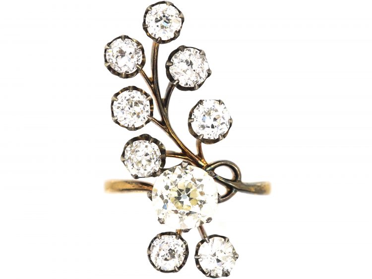 Art Nouveau Large Flower Spray Ring set with Old European Cut Diamonds