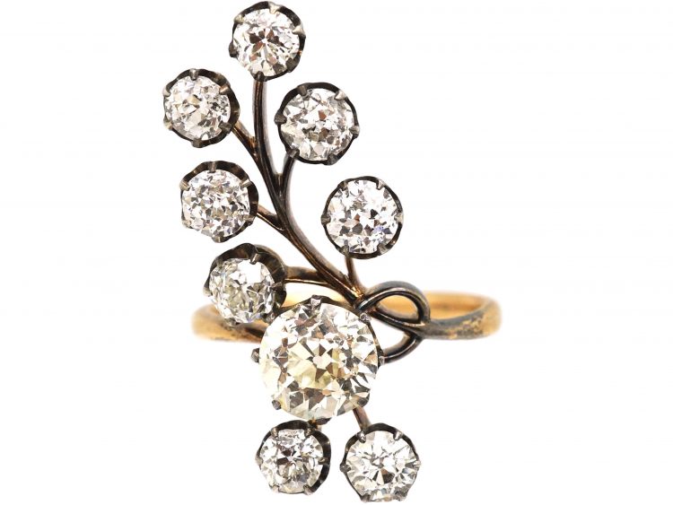 Art Nouveau Large Flower Spray Ring set with Old European Cut Diamonds