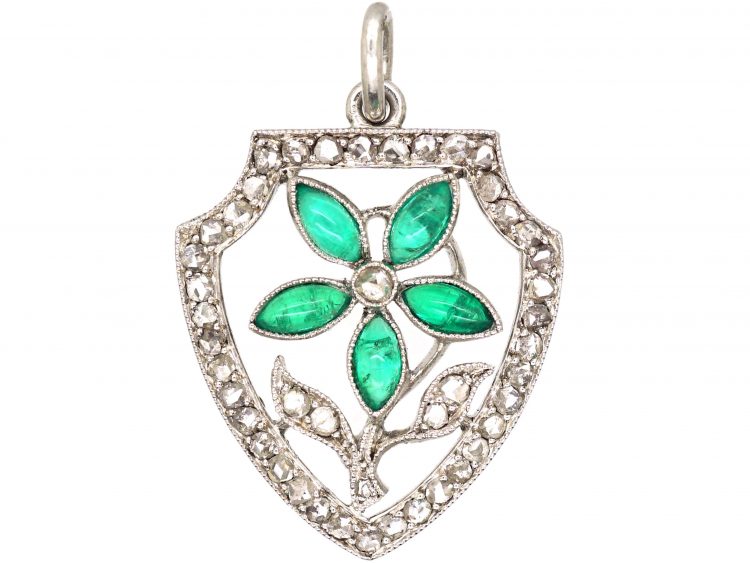 French Art Deco Platinum, Rose Diamond & Cabochon Emerald Flower Pendant